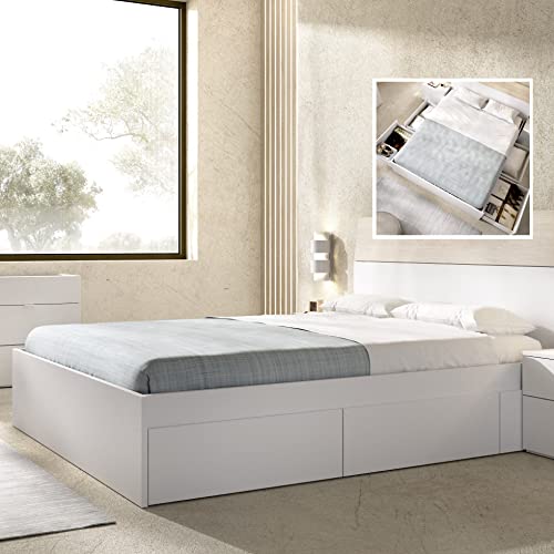 Dmora - Letto matrimoniale Rotberg, Sommier giroletto con rete inclusa, Struttura letto contenitore con 4 cassetti, 160x197h37 cm, Bianco