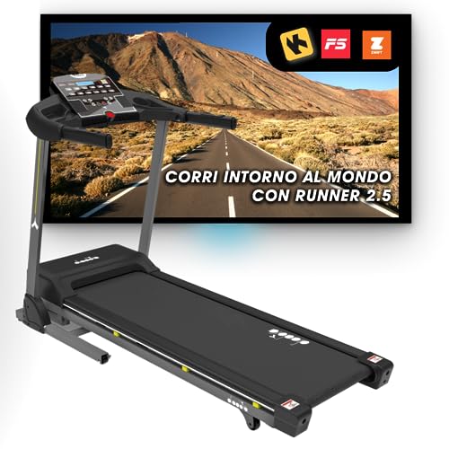 Diadora Runner 2.5 tapis roulant elettrico, 15 programmi di allenamento, Bluetooth, Velocità 16 Km/h, Ammortizzazione in flexdeck, App Kinomap, Fitshow e Zwift, Richiudibile salvaspazio, Hand pulse