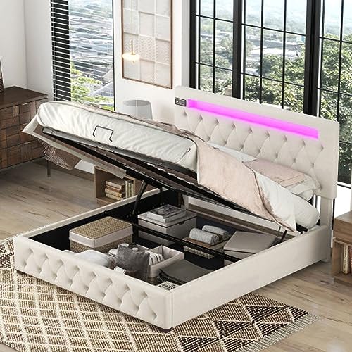 Letto Imbottito 140x200 Letto Matrimoniale Con Ricarica USB Lettore Bluetooth E Illuminazione A LED Moderno Letti Con Piattaforma Letto Con Vano Contenitore Testiera Regolabile Per Ragazzi Beige