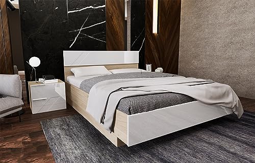Letto Matrimoniale Contenitore Design Moderno con Comodini per Materassi 160x200 Arredo Camera da Letto Bianco Lucido e Rovere LI29 (Letto + materasso)