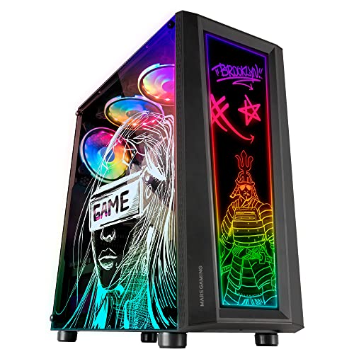 Mars Gaming MC-ART Nero, Case PC Gaming ATX, Doppio Vetro Temperato Disegnabile, ARGB 12 Modalità, Ventola 12 cm