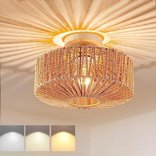 KZT Plafoniera Dimmerabile Vintage Lampada da Soffitto con Paralume in Spago Intrecciato E27 Retro Industriale Lampadario Legno Luce da Corridoio in Legno per Scale Pranzo Cucina Balcone