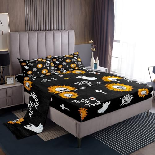 Set di lenzuola con pipistrello di Halloween spettrale con motivo animale spettrale set di lenzuola per il bagno con albero appassito, set di lenzuola per bambini Happy Halloween Kawaii pipistrello, 1
