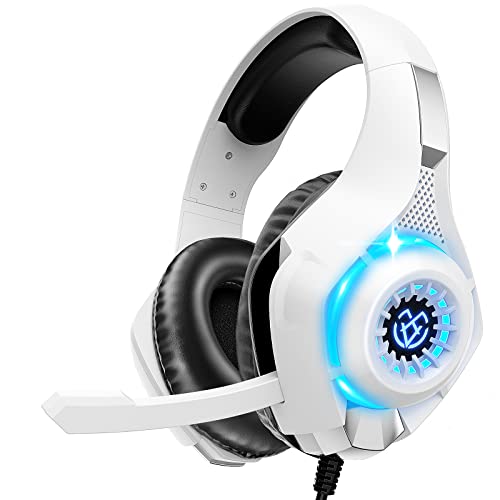 Tatybo Cuffie Gaming, Cuffia con Microfono Suono Surround, Comode Cuffie Grandi, Cuffie per PS4 PS5 PC Xbox One Mac Switch Laptop (Bianco)