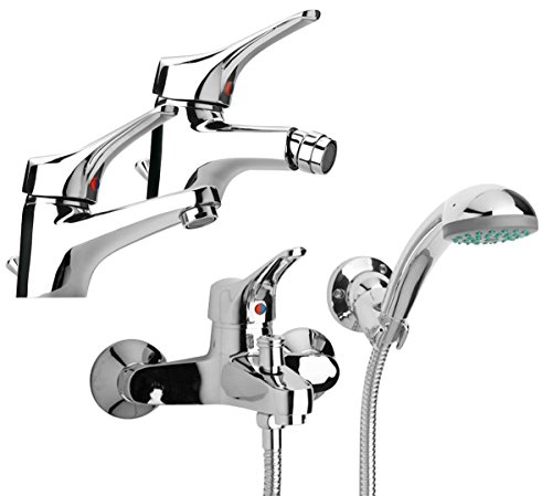 Yellowshop - Set Miscelatori Rubinetteria Bagno Lavabo Bidet Esterno Vasca Con Doccia Modello Ariel Completo Con Flex Inox Piletta Sanitari Rubinetto