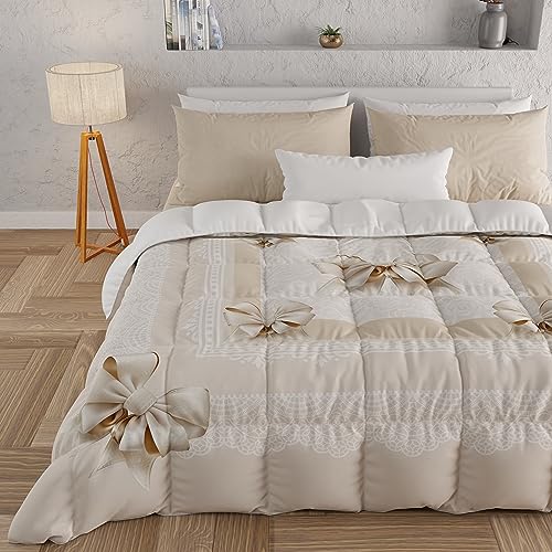 PETTI Artigiani Italiani - Trapunta, Piumone Invernale, Trapunta Invernale, Trapunta Matrimoniale Double Face Tinta Unita e Stampa Digitale Fiocco Beige, 100% Microfibra Anallergica, Made in Italy