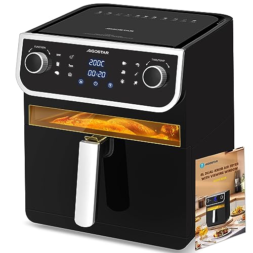 Aigostar - Friggitrice ad aria 8L, Air Fryer XXL olio con finestra di visualizzazione, 1700 W, 12 funzioni preimpostate + manuale, Touch screen LED. Doppio utilizzo: con cestello o cassetto