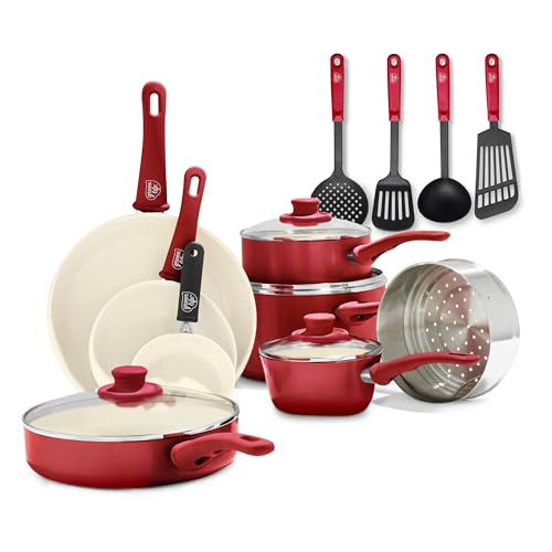 GreenLife Soft Grip Batteria di Pentole 16 Pezzi, Rivestimento Antiaderente senza PFAS, Padella 12/18/24 cm,Casseruola con Coperchi, Pentola 15/18 cm, Lavabile in Lavastoviglie, Rosso