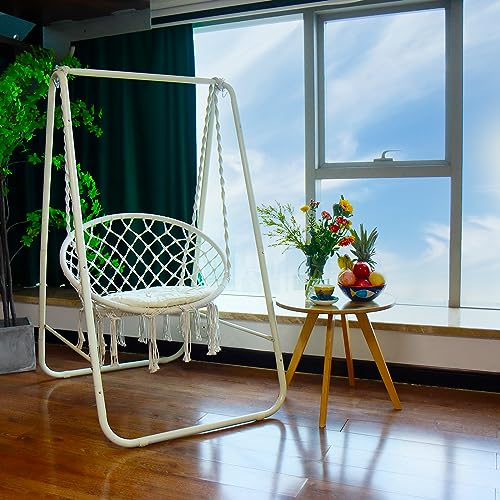 CCLIFE Amaca sospesa amaca sedia da appendere Poltrona Sospesa Altalena Macrame con Cuscino amaca poltrona con supporto en fer per interno Esterno Capacità di Carico 100 kg, Color:Beige