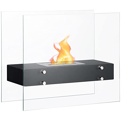HOMCOM Camino Bioetanolo in Metallo e Vetro Temperato da 3h di Combustione con Serbatoio da 1.5L e Copertura 25m², 60x26x50cm, Nero