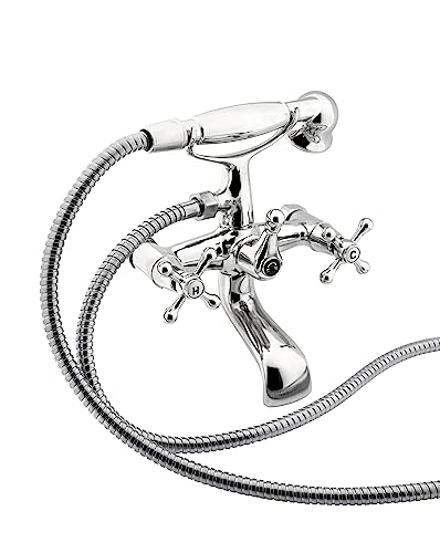 Rubinetto miscelatore per vasca da bagno, con maniglie a croce e doccetta, in stile vintage, miscelatore a due manici, rubinetto da bagno, cromato