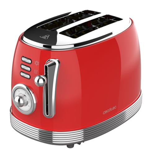 Cecotec Tostadora Vertical 2 Fette Toast&Taste 800 Vintage Light Red. 850 W, 2 Fette di Pane, Fessure Extra-Larghe da 3,8 cm, Finiture in Acciaio Inossidabile, Stile Vintage, Rosso