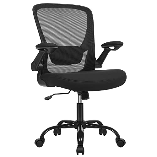 SONGMICS Sedia da Ufficio, Girevole, di Rete, da Computer Ergonomica, Supporto Lombare Imbottito, Funzione Oscillante, Seduta 53 cm, Braccioli Pieghevoli, Nero OBN37BK