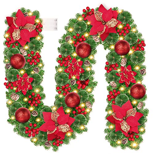 Ghirlanda Natalizia 2.75m Ghirlanda Natale con Luci a LED, Ghirlanda di Natale Artificiale, per Tavolo da pranzo Camini,Scale,Decorazioni dell'al (SDTT-RED-2023-001)