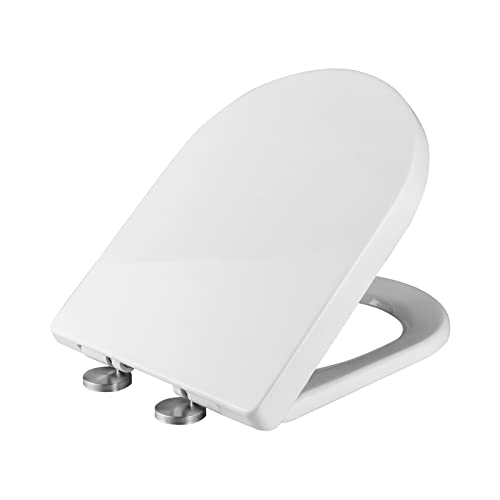 Ibergrif M41001 Sedile WC, Copriwater Universali D Forma,Tavoletta WC Chiusura Ammortizzata, Rapido Montaggio,Plastica Antibatterico Facile da Pulire, Bianco, 468 x 361 x 42 mm