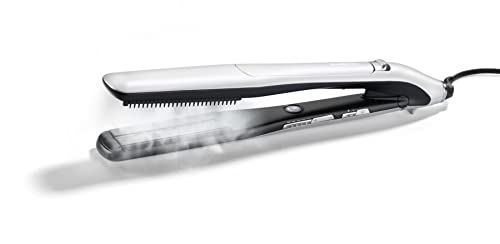 BaByliss ST595E Piastra Lisciante a Vapore Steam Lustre Styler, Liscio Effetto Balsamo, 5 Temperature, Piastre Extra Large, Pettini Rimovibili, Tappetino Termo-resistente, Bianco