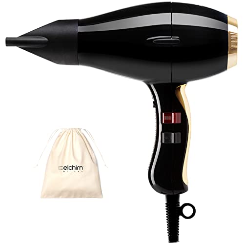 Phon per Capelli Elchim 3900 Healthy Ionic Black & Gold Presa Schuko con Sacchetta in Cotone - Asciugacapelli Professionale Made in Italy - Leggero e Silenzioso, Asciugatura Ridotta del 30%, 2400W