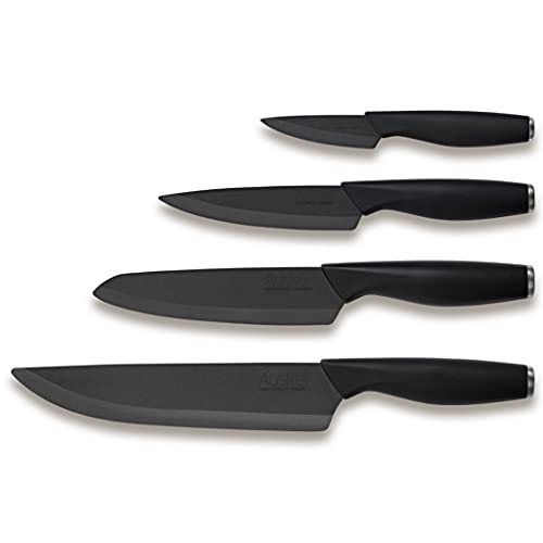 Ausker - Set Coltelli da Cucina Professionali in Ceramica Nera, Include Coltello Chef, Coltello Santoku e Coltello Spelucchino (Set of 4)