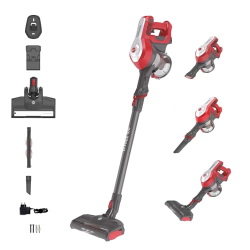 Hoover H-FREE 100 HF122RH 011 Scopa Elettrica Senza Fili, Senza Sacco, Ciclonico, Batteria 22V, Autonomia 40 Min, Argento/Rosso