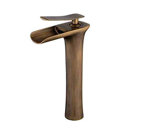 Rubinetto a Cascata, Lavabo Rubinetto Miscelatore Monocomando per Lavabo e Bagno Finitura Ottone antico (Alto)