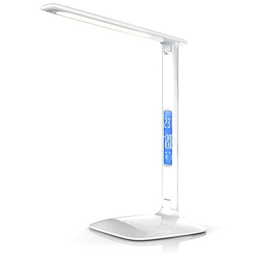 Lampada a LED da scrivania - Dimmerabile, Luce calda e fredda, Display LED con temperatura, data e ora - Plancia Touch - Alta 33 cm - Bianco lucido