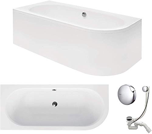 VBChome Vasca da bagno 160 x 75 cm, in acrilico, set sifone, vasca ad angolo, colore bianco, design moderno, scarico cromato Viega Simplex per 2 persone a sinistra
