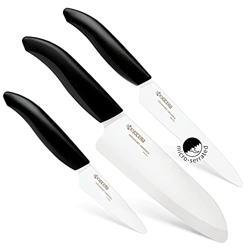 Set coltelli in ceramica Kyocera con lama spelucchino 7,5 cm, lama tomate 12,5 cm, lama Santoku 16 cm, lama in ceramica zirconia, levigata a mano, lav