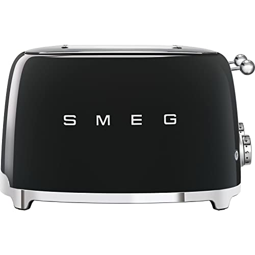 Smeg, Tostapane 4x4 TSF03BLEU, 4 Scomparti per 4 fette, 6 Livelli di Doratura, Funzione Riscaldamento, Scongelamento e Bagel, Espulsione Automatica del Pane, 2 Cassetti Raccoglibriciole, 2000W, Nero