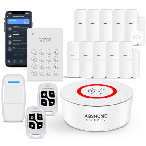 AGSHOME Sistema di Allarme Casa Senza Fili, Promemoria App push, Kit allarme Wi-Fi DIY con 1 sirena, 10sensori, 2 telecomandi e 1 sensore di movimento, 1 tastiera, Antifurto Casa lavora con Alexa…