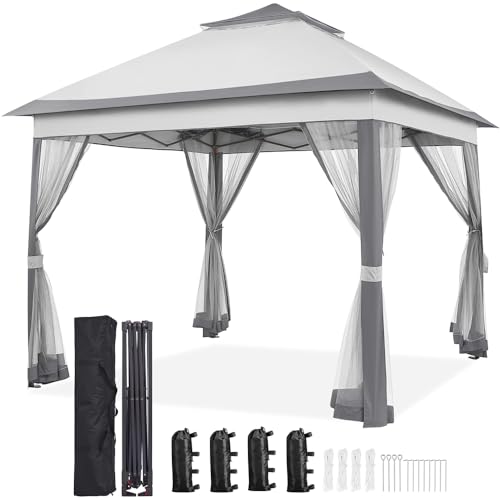 Yaheetech Gazebo Giardino Esterno in Ferro Resistente Impermeabile Ombreggiante Terrazzo Pieghevole 300 x 300 cm con 4 Sacchi di Sabbia e Sacca di Trasporto Telo di Copertura Grigio