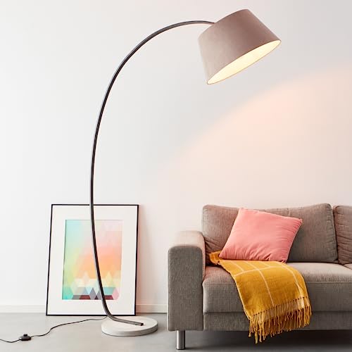 Elegante lampada ad arco con piedistallo, 1,9 x 1,2 m, 1 attacco da E27, massimo 60 Watt in cemento, metallo e tessuto, colori: marrone e grigio