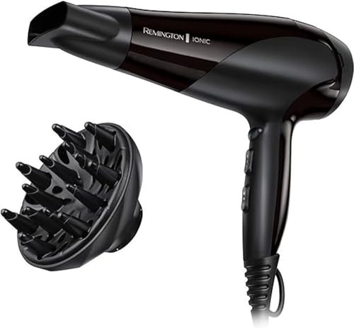 Remington Asciugacapelli 2200W - Leggero e Potente - Funzione Ionica per risultati ottimi, 3 livelli di riscaldamento, 2 livelli di ventola separati + livello di raffreddamento, Diffusore - D3198