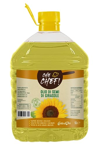 Costa d’Oro – Che Chef Girasole Linoleico 5L. Ottenuto dalla spremitura di semi di Girasole Linoleico, è un olio che rimane neutro e delicato in tutte le sue tipologie di uso. Bottiglia PET 5L.