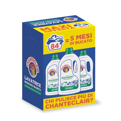 Chanteclair - Detersivo per Lavatrice, Profumo Muschio Bianco, Formula Concentrata, con Vero Sgrassatore - 3 Flaconi da 1260 ml