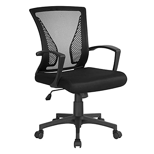 Yaheetech Sedia da Ufficio Scrivania Ergonomica Lombare in Rete Traspirante Reclinabile Altezza Regolabile Girevole con Braccioli e Ruote Portata 136 kg Nera