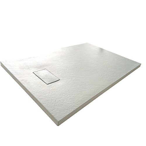 Piatto Doccia H.2,6 cm In Vetro-resina SMC Effetto Pietra Stone Ardesia Piletta Doccia Inclusa (70x120 h 2.6cm, Bianco)