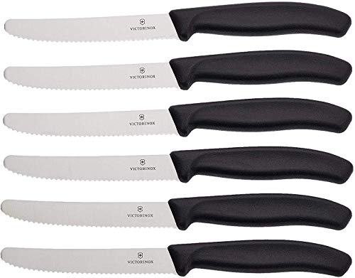 Victorinox, Swiss Classic, set di coltelli da cucina seghettati per pomodori da 6 pezzi, lama da 11 cm, lavabili in lavastoviglie, colore nero