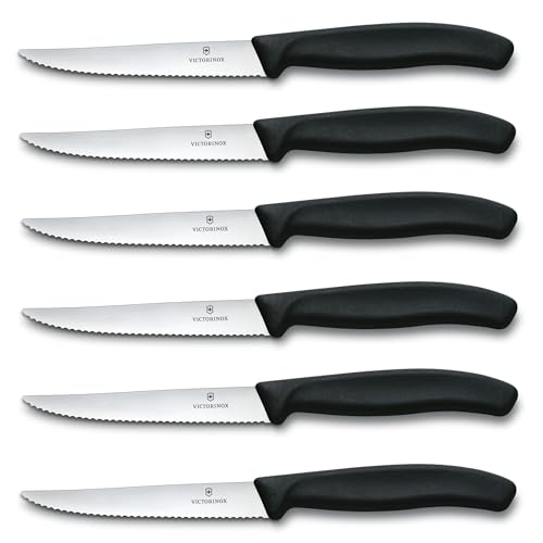 Victorinox Swiss Classic, Set di coltelli da bistecca da tavola seghettati (6 pezzi), lavabili in lavabile, in acciaio inossidabile, colore nero
