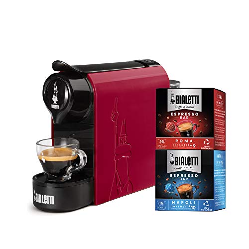 Bialetti Gioia, Macchina Caffè Espresso per Capsule in Alluminio, Incluse 32 Capsule, Supercompatta, Serbatoio 500 ml, Rosso