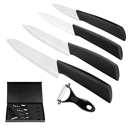 Set di 4 coltelli in ceramica Ballery e 1 Pelapatate (6'' Coltello da Cucina, 5'' Coltello Multiuso, 4'' Coltello da Frutta, 3'' Coltello di Sbucciatura) affilato e leggero - bianca