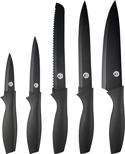 MasterChef Set Coltelli da Cucina Professionali, Collezione di Coltello Chef per Pane, Carne e Verdure, Acciaio Inox, Prova di Calore, Lavabile in Lavastoviglie, 5 Pezzi, Nero