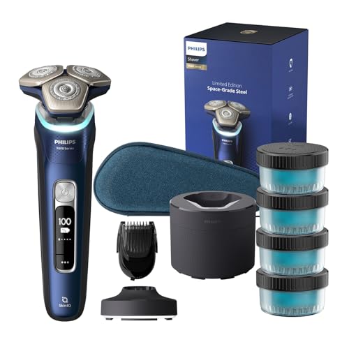 Philips Shaver Series 9000 - Rasoio elettrico Wet&Dry per uomo blu, tecnologia Lift & Cut e SkinIQ, rifinitore a scomparsa, custodia de pulizia, supporto ricarica e custodia viaggio