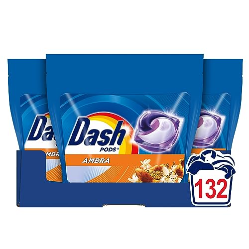 Dash Pods Detersivo Lavatrice in Capsule, 132 Lavaggi (3x44), Ambra, Rimuove le Macchie, dona Freschezza, Efficace anche a Freddo e in cicli brevi