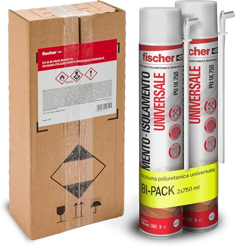 Fischer Bi-Pack Schiuma Poliuretanica Universale Espansa PU 1K in Imballo Protettivo con Erogatore, 2x 750 ml