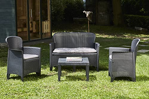 Dmora - Set Salotto da Esterno Ostuni, Set da Giardino con 2 poltrone, 1 Divano ed 1 tavolino, Salottino Effetto Rattan con Cuscini, 100% Made in Italy, Antracite