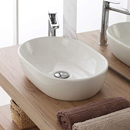 Inbagno Lavabo d' Appoggio Ovale in Ceramica, 47,5 x 34 x h.13,5, Finitura Bianco Lucido