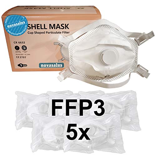 Novasalus mascherine respiratori FFP3 con Valvola, mascherine protettive facciali"Cup Shape", Certificate CE 2797 - Confezione da 5 FFP3 NR