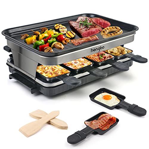 Raclette 8 Persone Piastra Raclette Grill in Alluminio, 8 Pentolini da Raclette, Calore Regolabile Continuo Termostato, 1500 Watt