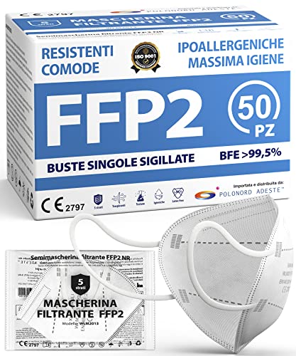 ADESTE - 50 Mascherine FFP2 Bianche Certificate CE, Filiera controllata, anallergiche, con elastici comodi e resistenti. Sicura: capacità filtrante >99,5%, Buste singole sigillate.