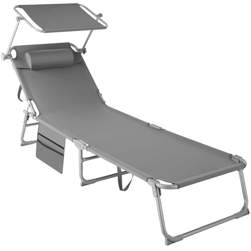 TecTake® Sdraio Chloé, Pieghevole, 4 Posizioni, Cuscino Poggiatesta, Idrorepellente, da Giardino, Lettino Prendisole, Arredo Giardino, Terrazzo, Sdraia da Balcone, Piscina e Spiaggia - Grigio